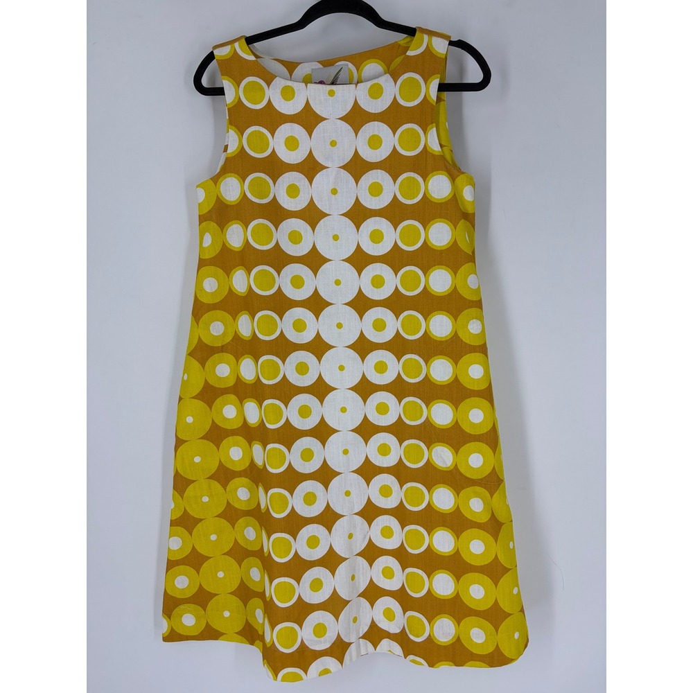 Lesley Evers Mustard Yellow White Geometric Circle Print Cotton Shift Dress - Picture 2 of 5